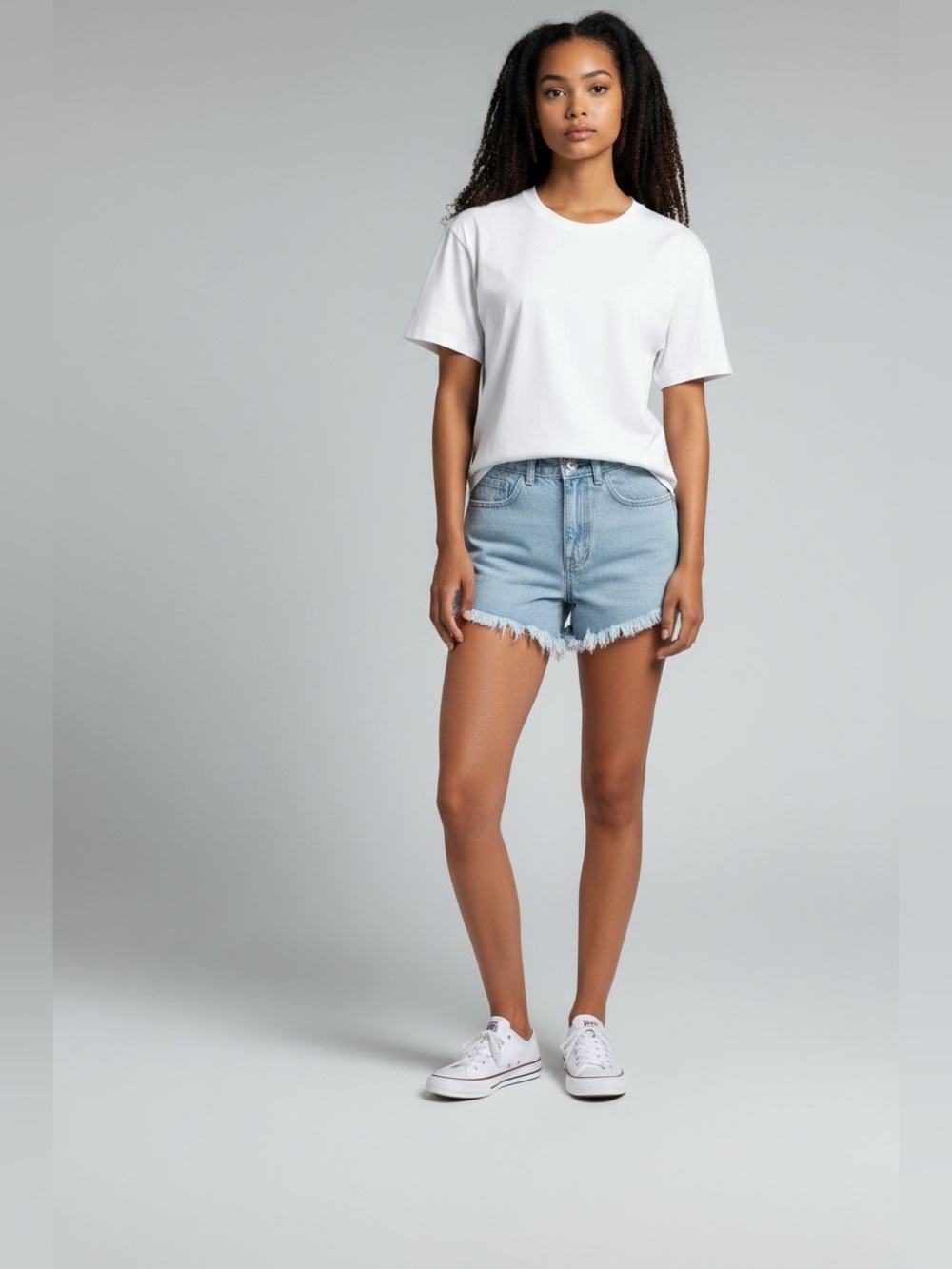 SHEIN light blue frayed hem shorts WomenXS sun/moon patches pockets zip button